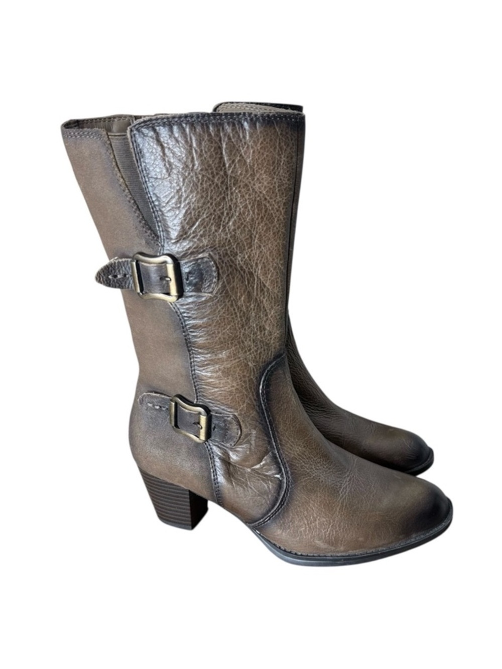 EARTH New Larch Boots Brown Taupe Leather Mid Calf Inner Zipper Buckles Heel 8